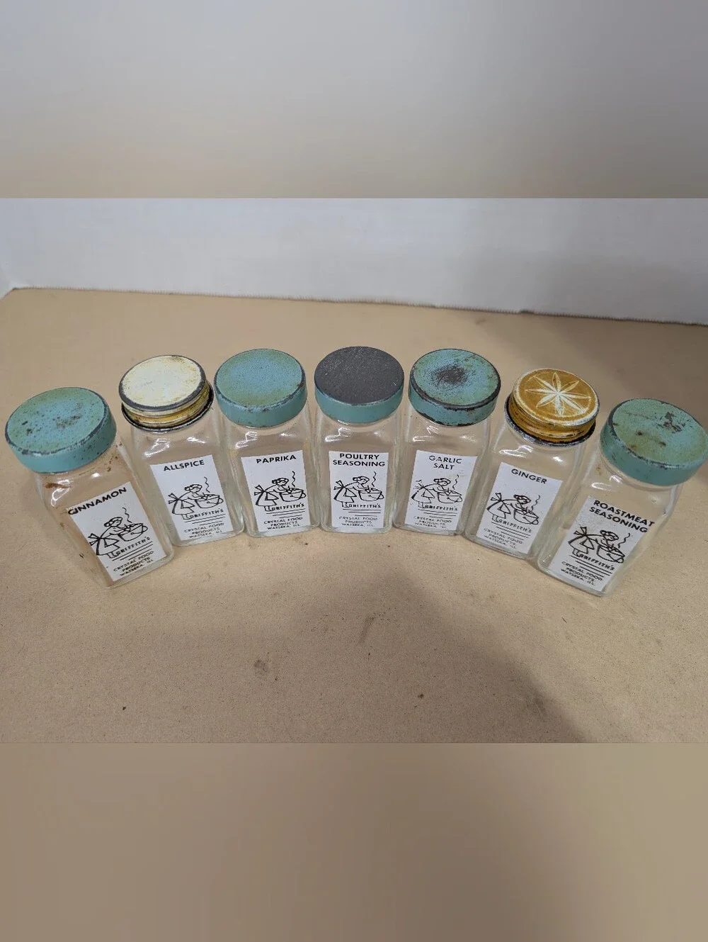 Lot Of 7 Vintage Griffiths Crystal Food Glass Spice Glasses Jars Clear Glass